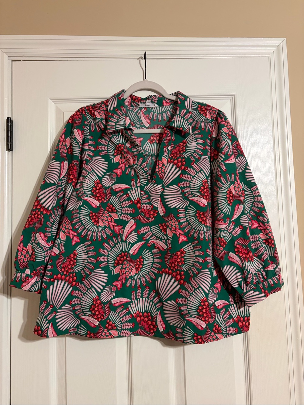 Women’s Green Floral Print Blouse with Pink Accents